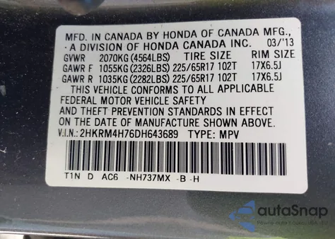 2013 Honda Cr-V Ex-L from USA, damaged, VIN 2HKRM4H76DH643689